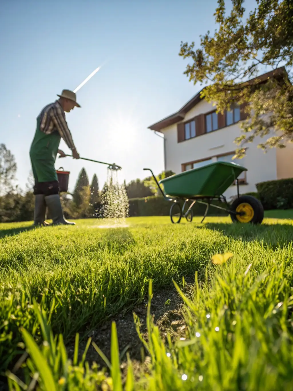 An image of a Rawson Works employee fertilizing a lawn, demonstrating the company's commitment to maintaining healthy and vibrant turf grass.