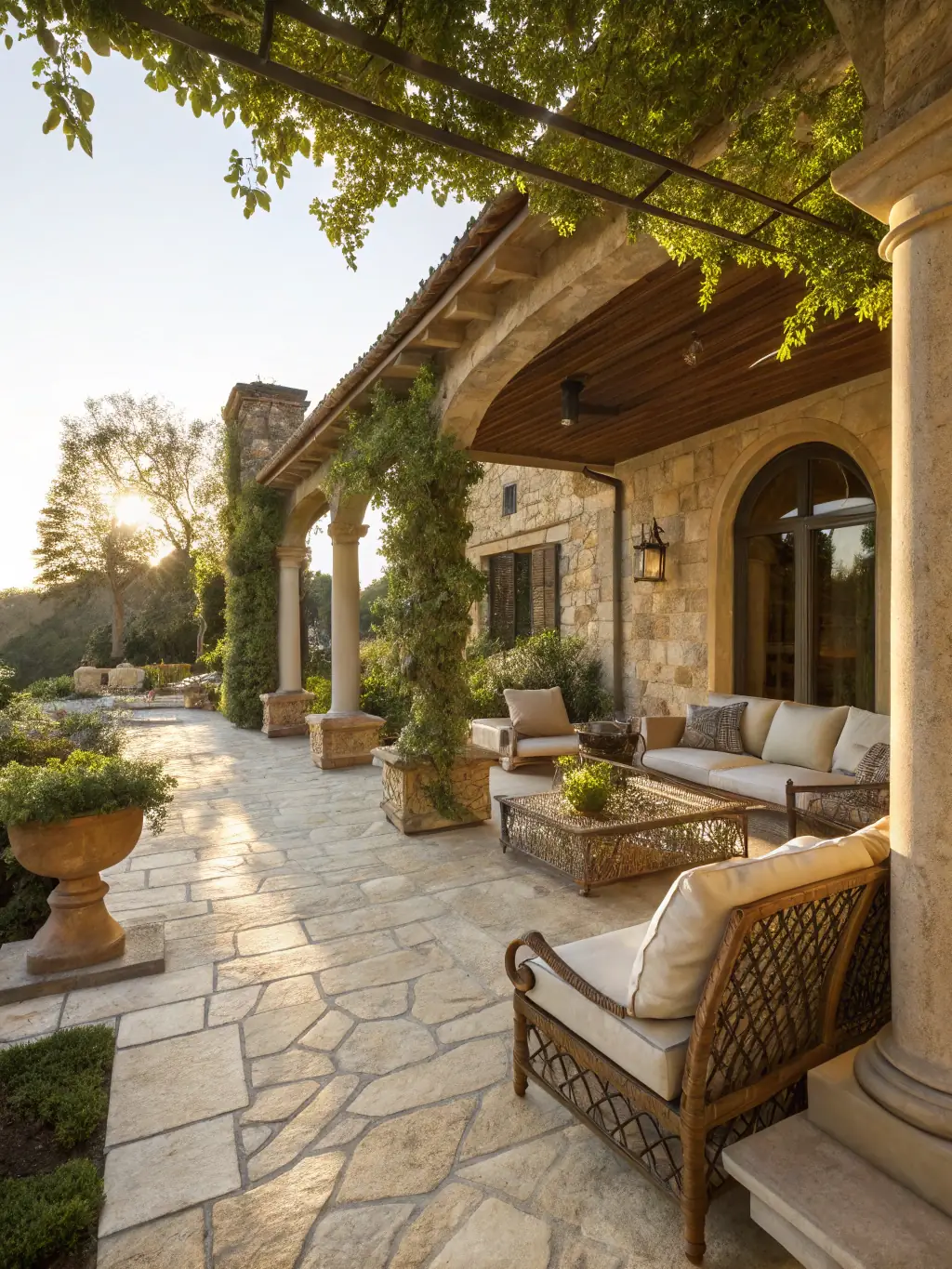 A wide shot of a patio paved with natural stone slabs, highlighting the rustic and elegant appearance of the material, ideal for outdoor living spaces.
